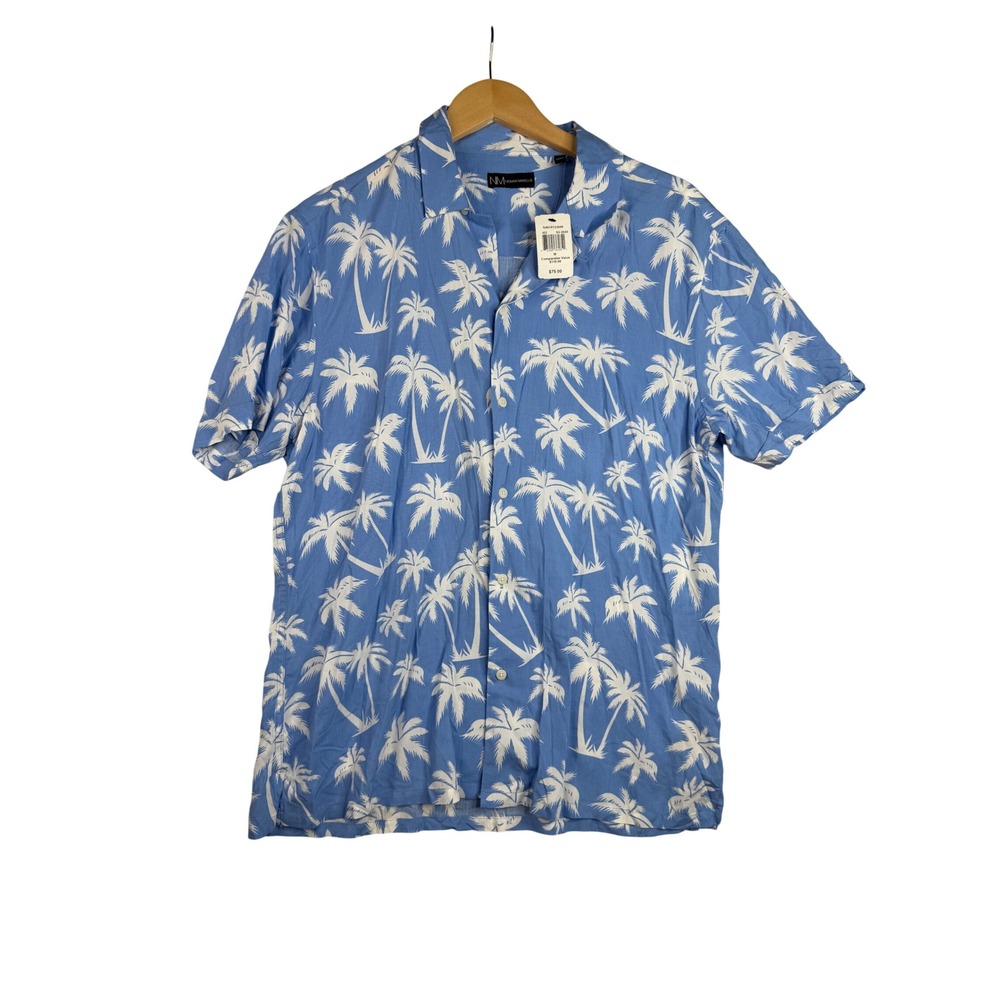 New Neiman Marcus Tropical Print Short Sleeve Button Down Shirt size Medium Blue